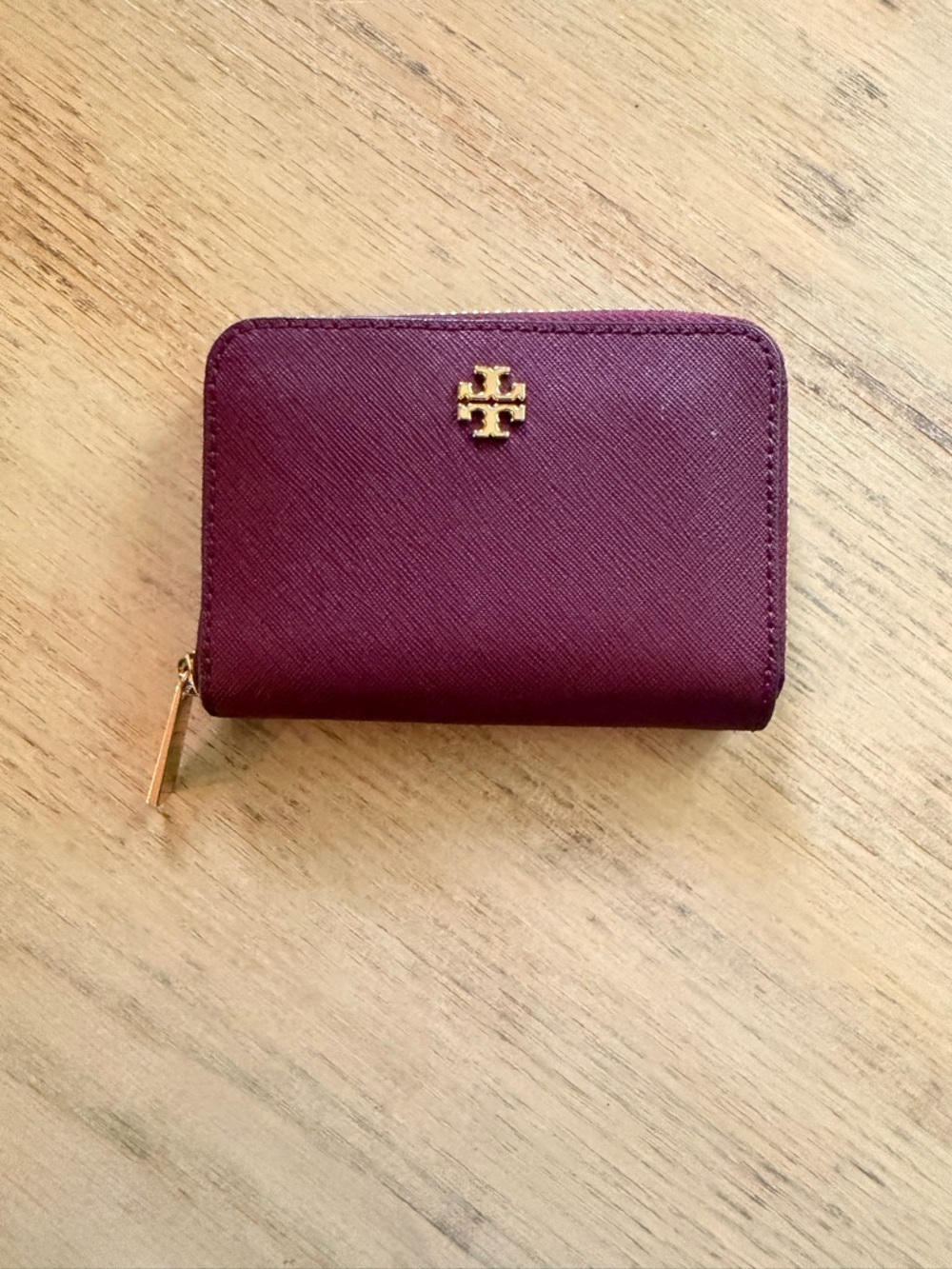 Tory Burch Wine Zip Card Case with Gold Logo